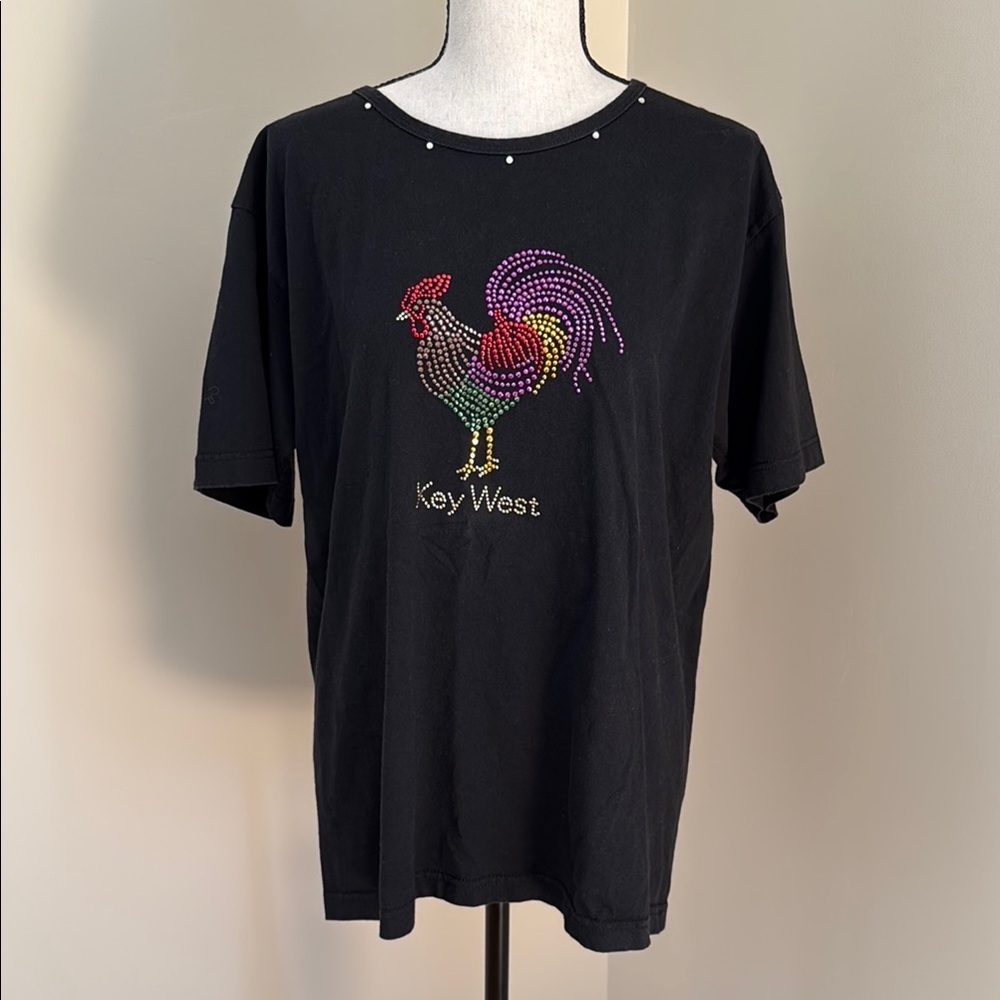 Vintage 90s Y2K Rhinestone Key West Florida Rooster Black T-Shirt Women's L
